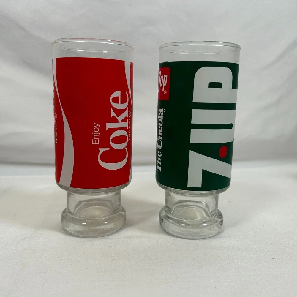 Vintage 70s 80s 7UP Coke Drinking Glass Retro Cup 12oz Pedestal Footed 6.5